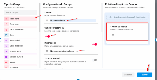 Opção para marcar um campo como de preenchimento obrigatório
