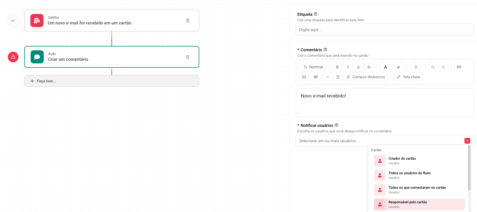 Automação: Notificação de usuários a partir de e-mails em cartões