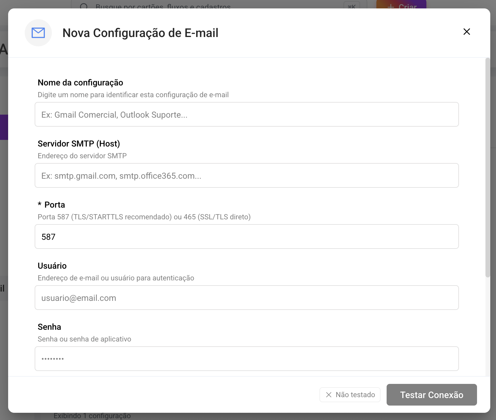 Configuração de E-mail via SMTP no Cange